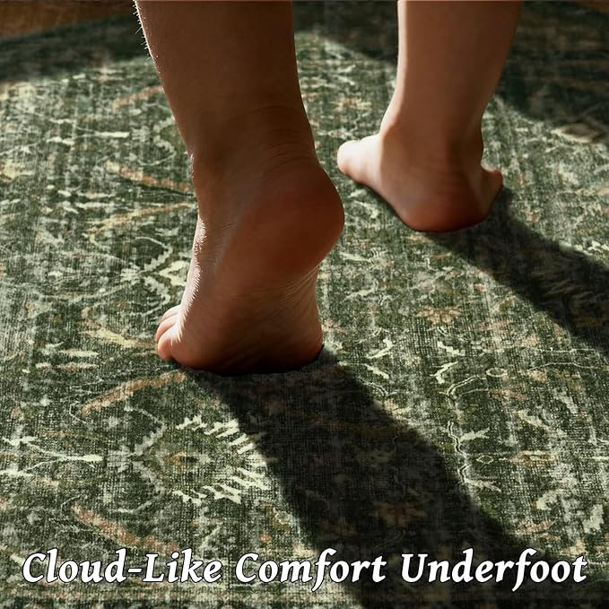 Washable 9x12 Area Rugs for Living Room, Boho Non-Slip Vintage Distress Lager Rugs for Bedroom Dining Room Nursery Office, 0.3" Neutral Oriental Throw Thin Carpet, Grass Green/Multi