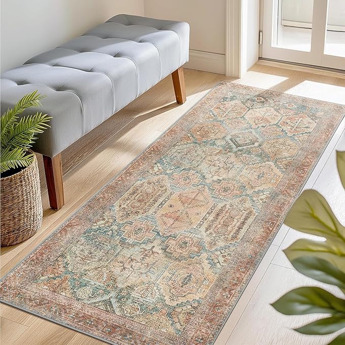 Bavni Kitchen Rug 2x8 Runner Rugs for Hallways Entryway, Washable Vintage Print Carpet, Ultra-Thin Chenille Low Pile Lightweight Rug with Non Slip Backing, Clay