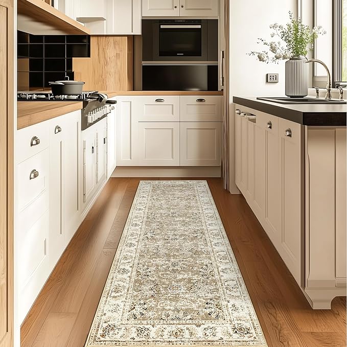 jinchan Fiora Runner Rug 2x6 Machine Washable Hallway Rug Taupe Vintage Floral Print Non-Slip Low Pile Ultra-Thin for Kitchen, Entryway, Laundry Room, Bedroom, Farmhouse (2‘x6’, Taupe)