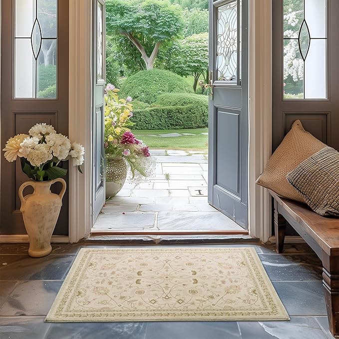 EVERGRACE Area Rugs for Entryway 2x3, Boho Floral Faux Wool Indoor Outdoor Small Rugs, Washable Rugs for Bedroom Bathroom Laundry Doormat, Low Pile Floor Mat Carpet for Home Decor, Natural Beige