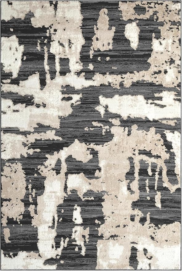 Abani Terra Cream Area Rug for Living Room, Bedroom - Black Abstract Pattern - 2' x 6' - Durable & Easy to Clean