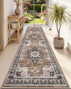 DEXI Hallway Runner Rug 3x8, Distressed Non Slip Runners Carpet, Boho Vintage Soft Thin Indoor Rug, Stain Resistant Washable Entry Mat for Entryway Kitchen Laundry Room Living Room, Brown