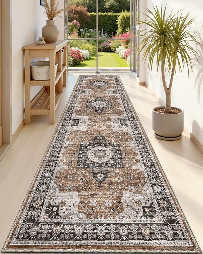 DEXI Hallway Runner Rug 3x10, Distressed Non Slip Runners Carpet, Boho Vintage Soft Thin Indoor Rug, Stain Resistant Washable Entry Mat for Entryway Kitchen Laundry Room Living Room, Brown