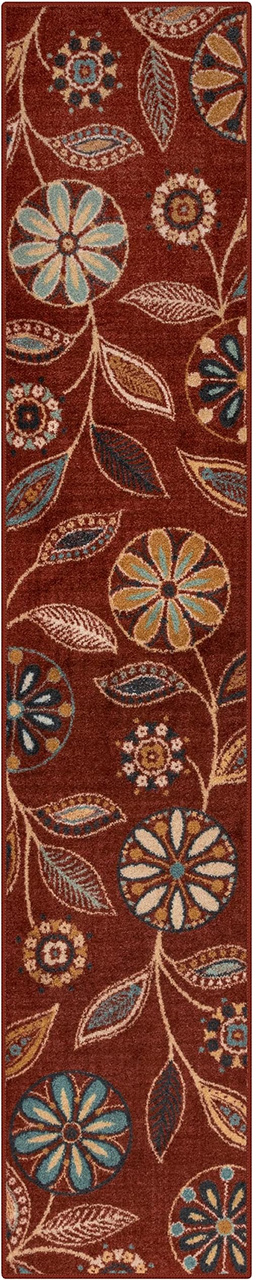 Maples Rugs Reggie Floral Runner Rug - Made in USA - Washable, Non Slip Indoor Carpet for Kitchen, Hallway, and Laundry Room, 2' x 10', Merlot