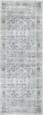 Bloom Rugs Washable Non-Slip 12 ft Runner - Cream/Light Blue/Teal Traditional Medallion Runner for Entryway, Hallway, Bathroom, and Kitchen - Exact Size: 2.5' x 12'