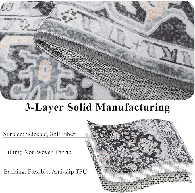 Runner Rug 2×6, Machine Washable Vintage Non-Slip Area Rug, Low Pile, Decorative Carpet Printed Floral Rugs for Living Room, Entryway, Kitchen, Bedroom, Black