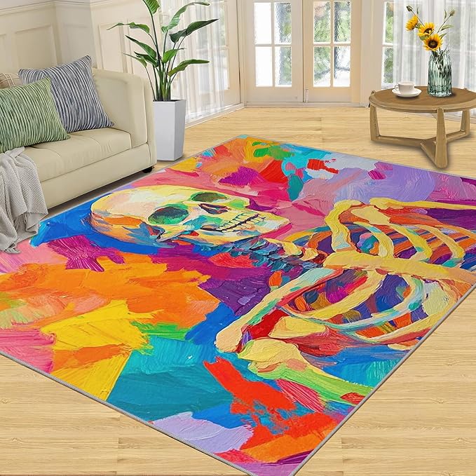6x9 Abstract Graffiti Living Room Rug - Colorful Skeletons Bedroom Carpet, Pop Art Classroom Rug for Carpet Boy Bedroom Office Nursery Hardwood Home Decor