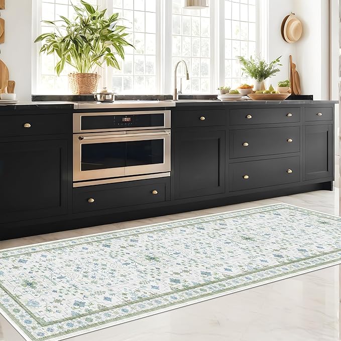 Oushak Runner 2x10 Hallway Rug - Floral Pastel Boho, Washable Low Pile Non Slip Extra Long Runner Rugs for Kitchen, Hall Way - Cream Blue and Green