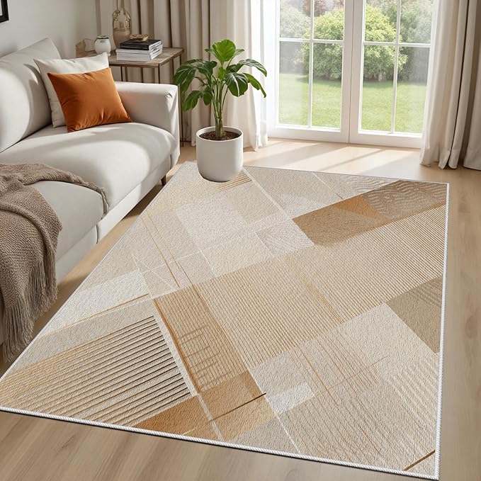 Minimalist Abstract Area Rug 7x9 Brown Boho, Modern Washable Stripe Art Rugs, Soft Non-Slip Low-Pile Carpet for Living Room, Bedroom, Kitchen, Dining Room, Pet Friendly, Non-Shedding, Beige