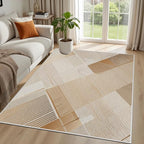 Minimalist Abstract Area Rug 2x3 Brown Boho, Modern Washable Stripe Art Rugs, Soft Non-Slip Low-Pile Carpet for Living Room, Bedroom, Kitchen, Dining Room, Pet Friendly, Non-Shedding, Beige