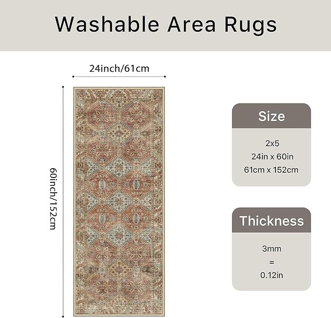 Bavni Clearance 2x5 Runner Rug Non Slip, Machine Washable Rug Runners for Hallways, Vintage Distressed Print Kitchen Runner, Low Pile Lightweight Carpet Runner for Entryway Laundry Bedroom, Spice Sky