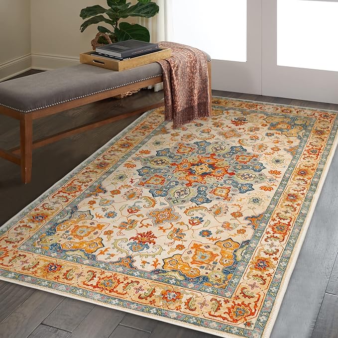 COMSLE Boho Area Rug, 3' x 5' Machine Washable Rugs for Entryway Faux Wool Large Rugs Distressed Throw Rug Non-Slip Floor Carpet for Indoor Bedroom Kitchen Living Room