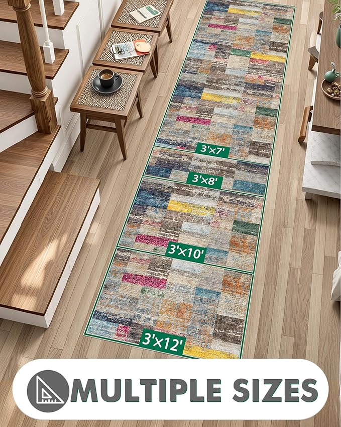 LUMI Washable Runner Rug, 3'x10' Non-Slip Hallway Mat, Low Profile Thin Long Carpeet for Laundry Kitchen Bedroom Office, Multicolor