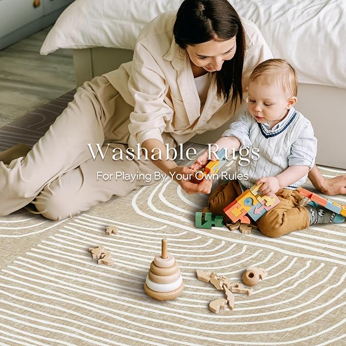 Phantoscope Washable Area Rug 5'x7' Non-Slip, Modern Neutral Boho Rugs for Living Room, Bedroom, Dining Room, Abstract Hand-Drawn Wavy Line Pattern, Low-Pile Foldable Floor Carpet, Beige/Ivory
