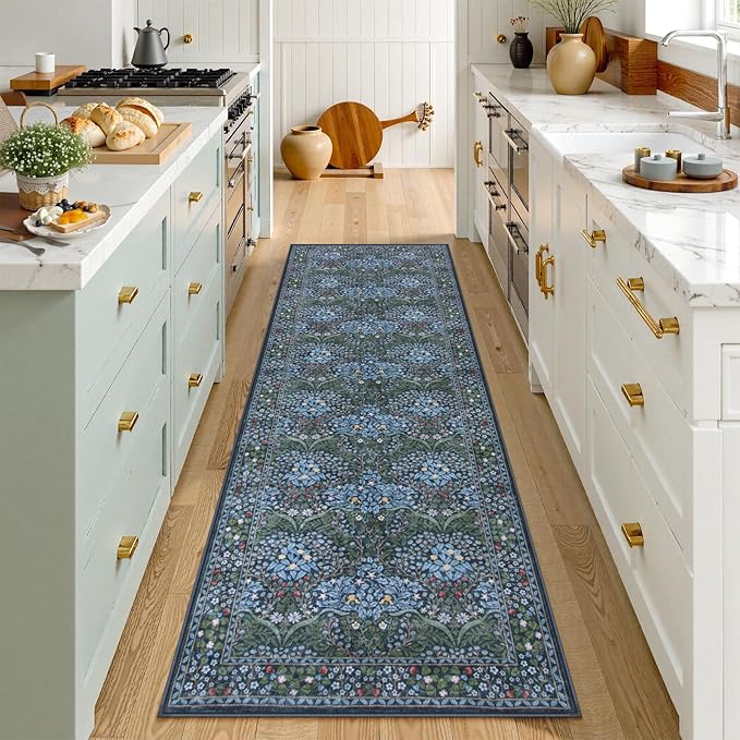 Lahome Floral Washable Kitchen Runner Rug, 2x6 Runners for Hallways Non Slip Ultra-Thin, Boho Soft Hallway Rug Forest Blue Carpet for Bedroom Bathroom Laundry Room, Blue