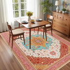 6x9 Orange Pink Area Rug for Living Room, Machine Washable Rugs with Non-Slip Backing for Bedroom, Vintage Medallion Carpet Dining Room Office Kids Room Decor