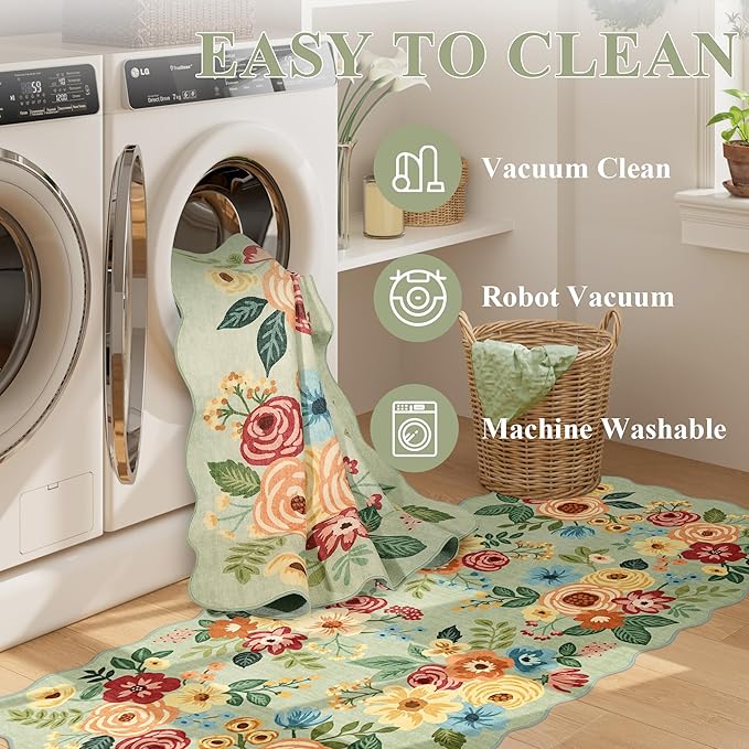 DUKINO 2x5 Washable Runner Rugs, Non Slip Floral Print Entryway Rug with Soft Low Pile, Lightweight Mat for Living Room, Bathroom, Bedroom, Kitchen, Green