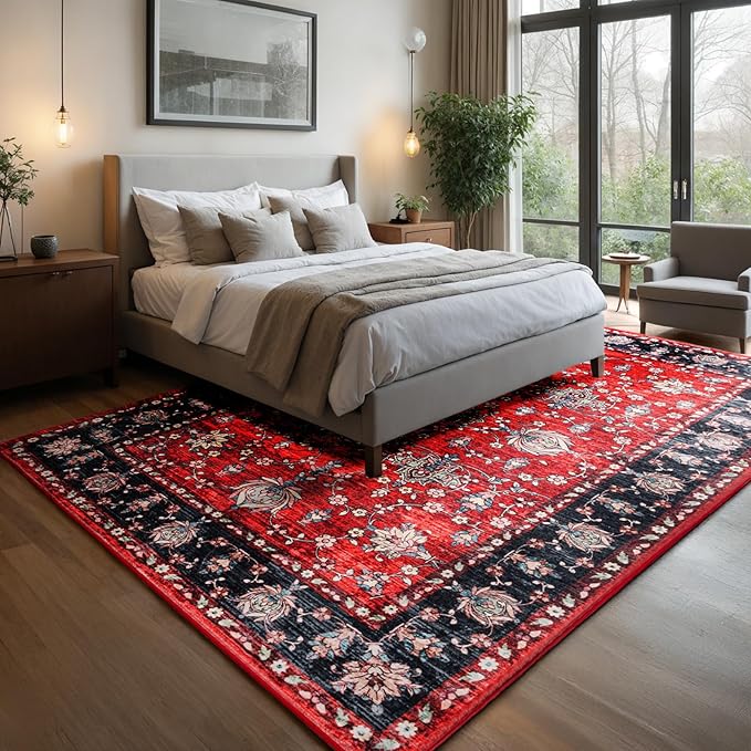 Area Rug for Living Room, 8x10 Machine Washable Non Slip Large Faux Wool Throw Rug, 0.3″ Low Pile & Non-Shedding Boho Large Carpet Rugs for for Dining Room, Bedroom, Office (Black Red)