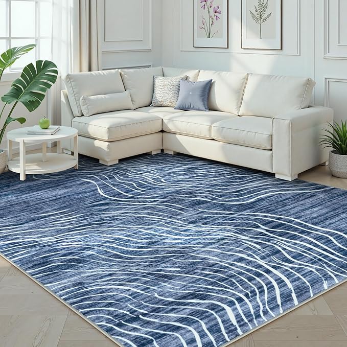 LIVEBOX 8x10 Modern Area Rugs for Living Room, Abstract Non-Slip Washable Rugs, Minimalist Wave Striped Neutral Boys Girl Nursery Area Rug for Bedroom, Carpet for Playroom Office(Navy Blue,8'x10')