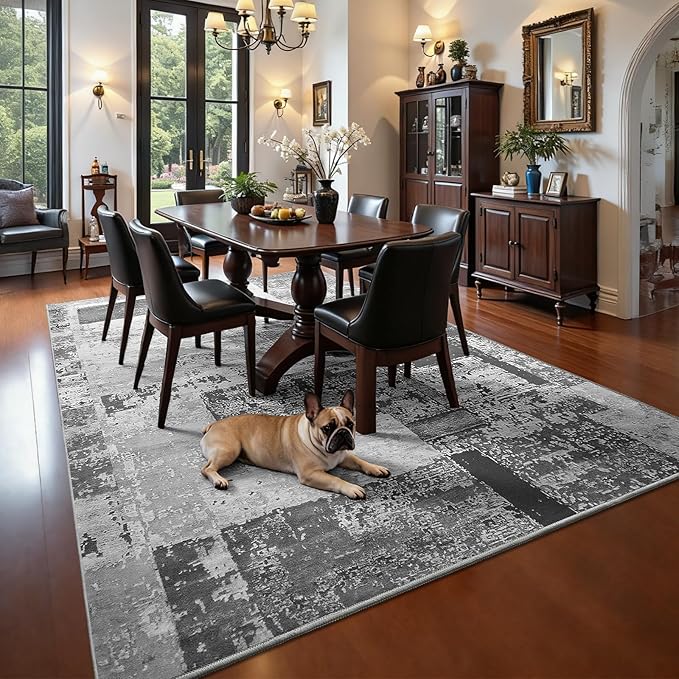 LOCHAS Rug for Living Room, Washable Soft Area Rugs for Bedroom 8x10, Abstract Carpet for Indoor Office Kids Dining Room Nursery Floor, Grey Geometric Vintage Home Decor, Non Slip, Pet Child Friendly