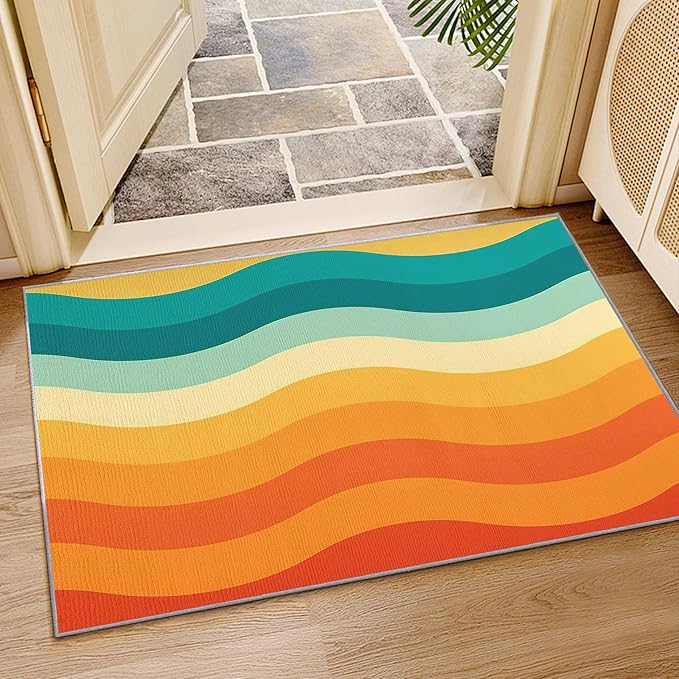 70s Rugs for Bedroom -Retro 70s Rug, 6x8 ft, Vintage Abstract Wave Washable Rugs for Living Room, Colorful Groovy Area Rug for Bedroom, Retro Swirl Striped Home Decor & Gifts