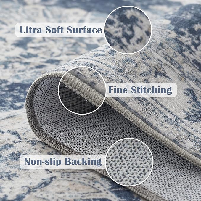 jinchan Fiora Runner Rug 2x5 Washable Hallway Runner- Vintage Floral Non Slip Low-Pile Soft Thin Kitchen Rug Distressed Carpet for Farmhouse Bedroom Entryway Laundry Room(2x5ft, Dark Blue)