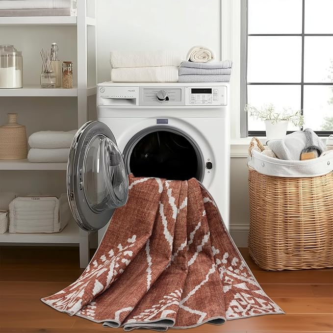 ReaLife Rugs Machine Washable Area Rug - Living Room Bedroom Bathroom Kitchen Entryway Office - Padded Low Pile Stain Resistant Premium - Moroccan Diamond Tribal - Jax - Orange 5' x 7'