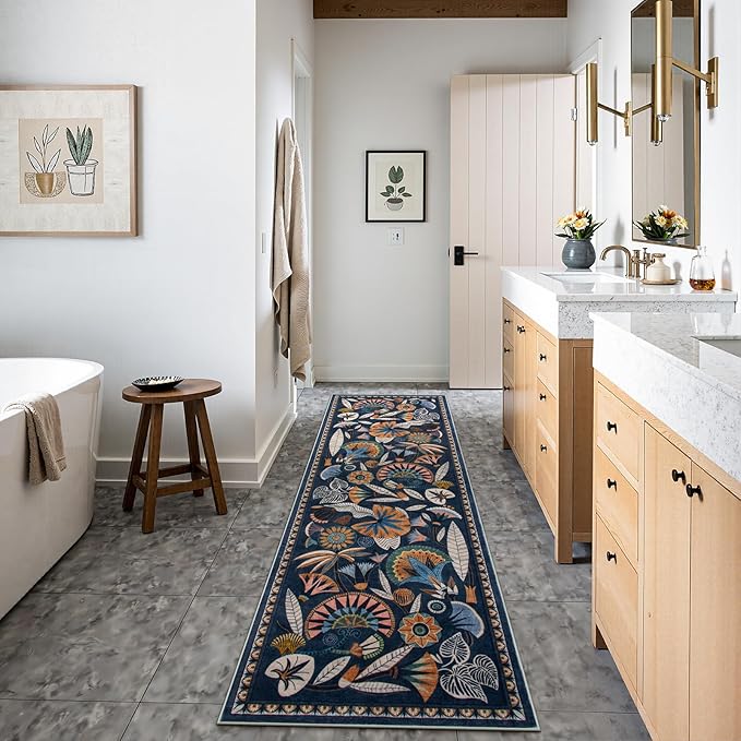 Egypt Floral Kitchen Runner Rugs Non Skid Washable,2x8 Boho Vintage Hallway Bathroom Runner Rug Non Slip,Soft Long Carpet for Laundry Room Entryway Bedroom (Dark Blue,2 x 8)