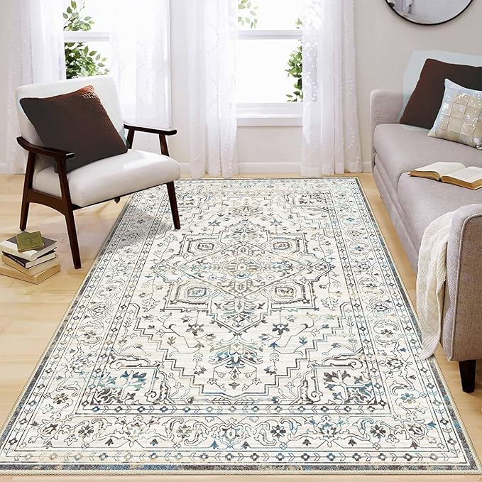 Enkor Area Soft Rugs 4x6 Washable Non Slip Boho Floor Rugs for Living Room Bedroom, Vintage Style Farmhouse Mat for Kitchen Entryway White & Grey