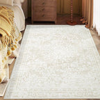Area Rug 4x6 Entryway Rugs - Machine Washable Vintage Boho Area Rug Non-Slip Bedroom Rugs Soft Stain Resistant Living Room Carpet, Floral Distressed Rug for Dining Room Office(Cream Beige, 4'x6')