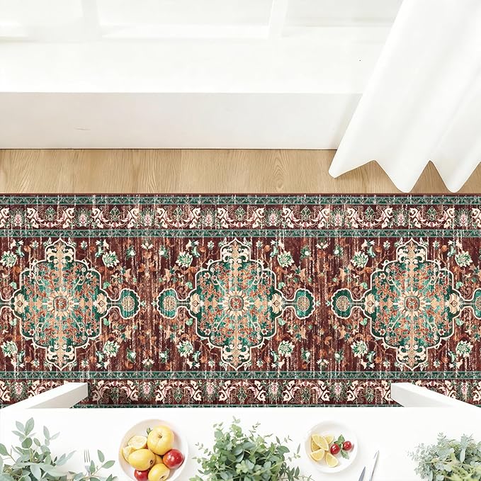 U'Artlines 3' x 16' Boho Hallway Runner Rug, Rust Non Slip Washable Vintage Farmhouse Accent Rug Carpet for Kitchen Entryway Laundry and Living Room (Rust＆Teal)