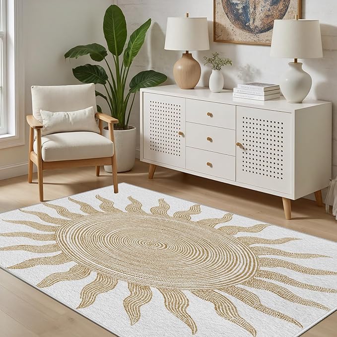 Boho Washable Rugs for Bedroom 5x8, Modern Sun Print Soft Minimalism Area Rug, Non Slip Low Pile Abstract Carpet for Classroom Living Room Decor Dining Room Sofa Kids Nursery Room, Beige Yellow