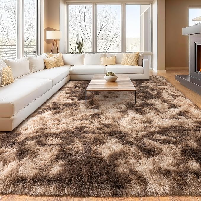 Soft Shaggy Rugs Fluffy Rug, Plush Area Rugs for Living Room Nursery Home Decor, Tie-Dyed Brown Anti-Skid Rectangular Fuzzy Rug 8x10 Feet