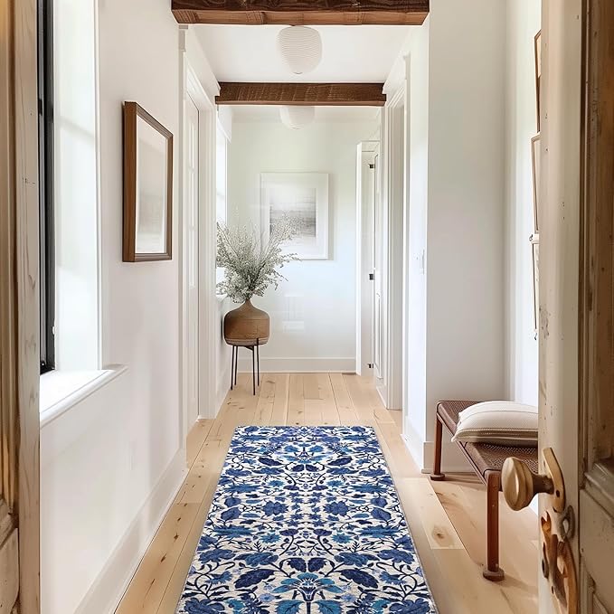 EVERGRACE Hallyway Area Runner Rugs 2x6, Boho Floral Faux Wool Indoor Outdoor Rugs, Washable Rugs for Bedroom Bathroom Living Room Kitchen, Low Pile Floor Mat Carpet for Home Decor, Celtic Blue