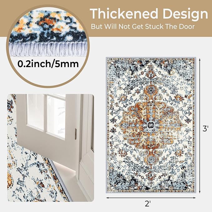 Small Area Rug 2x3ft Entryway Rug Non-Slip Vintage Washable Area Rugs Indoor Door Mat, Boho Faux Wool Carpet Kitchen Rugs with Rubber Backing for Bedroom, Kitchen, Room Entryway