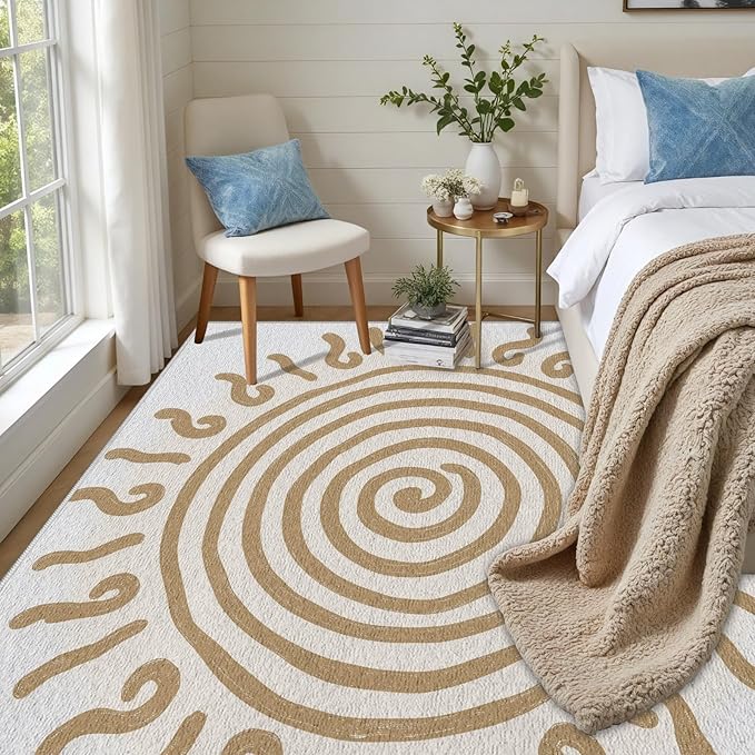Boho Washable Rugs for Bedroom 3x4, Modern Sun Print Soft Minimalism Area Rug, Non Slip Low Pile Abstract Carpet for Classroom Living Room Decor Dining Room, Beige Yellow