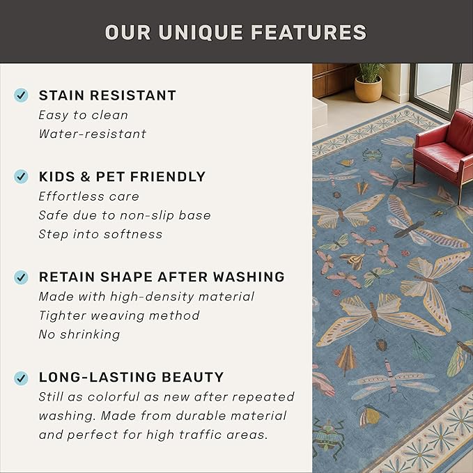 6x9 Blue Floral Rug for Dining Room Table - Area Rugs for Living Room, Bedroom, Insect Moth Art Nouveau Décor, Washable Lightweight Foldable Non Slip
