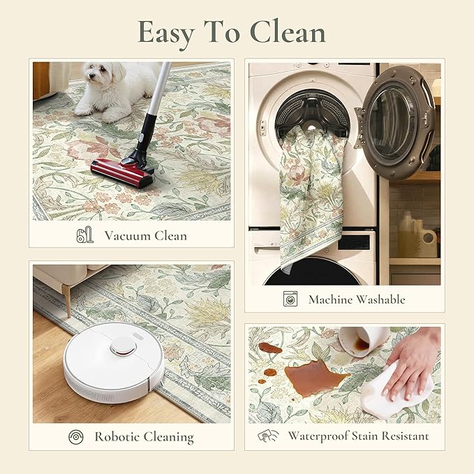 Bavni 2'6''x6 Runner Rug,Microfiber Washable Non-Slip Vintage Floral Rugs,Low Pile Lightweight Carpet for Bedroom,Hallway,Entryway,Kitchen,Bathroom, Beige&Green