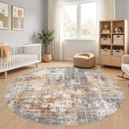 8ft Round Area Rug Living Room Rugs - 8x8 Washable Large Soft Indoor Neutral Modern Abstract Low Pile Rug Carpet for Bedroom Dining Room Farmhouse Home Office - Grey Brown