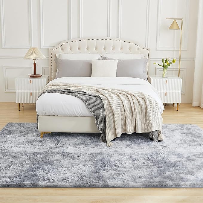 Andency Area Rugs 9x12 for Living Room Home Decor, Large Shaggy Bedroom Carpet, Non-Slip Big Shag Indoor Thick Soft Fluffy Furry Fur Area Rugs for Kids Dorm Nursery Aesthetic, Tie-Dyed Light Grey