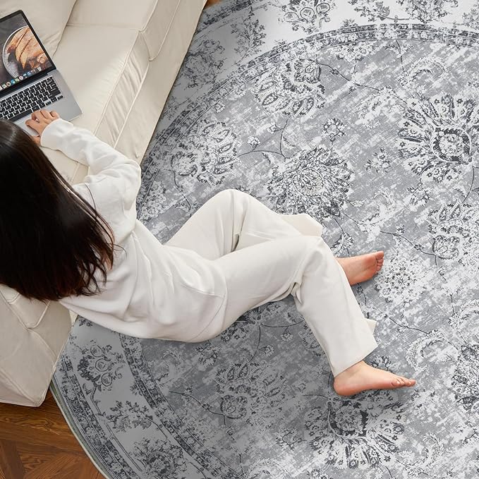 jinchan Fiora Round Rug 4ft Area Rug - Indoor Vintage Hallway Circle 4' Washable - Ultra-Thin Low Pile Soft Small Non Slip Distressed Floral Print for Living Room Dining Room Bedroom Entryway Grey