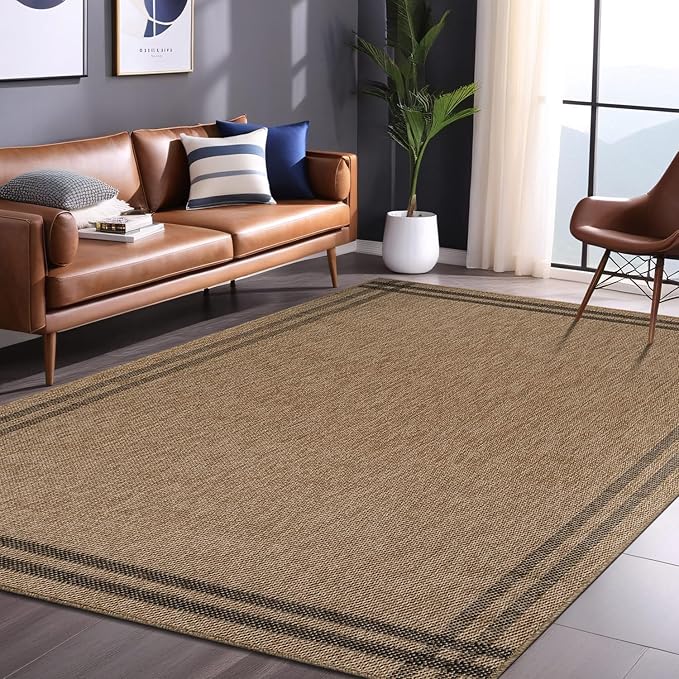Easy Jute Rugs 6x9 Bordered Natural Color Living Room Indoor Outdoor Area Rug for Patio and Kitchen Rug High Traffic Washable Easy to Clean Solid Boho Woven Design Outside Carpet (6 x 9)