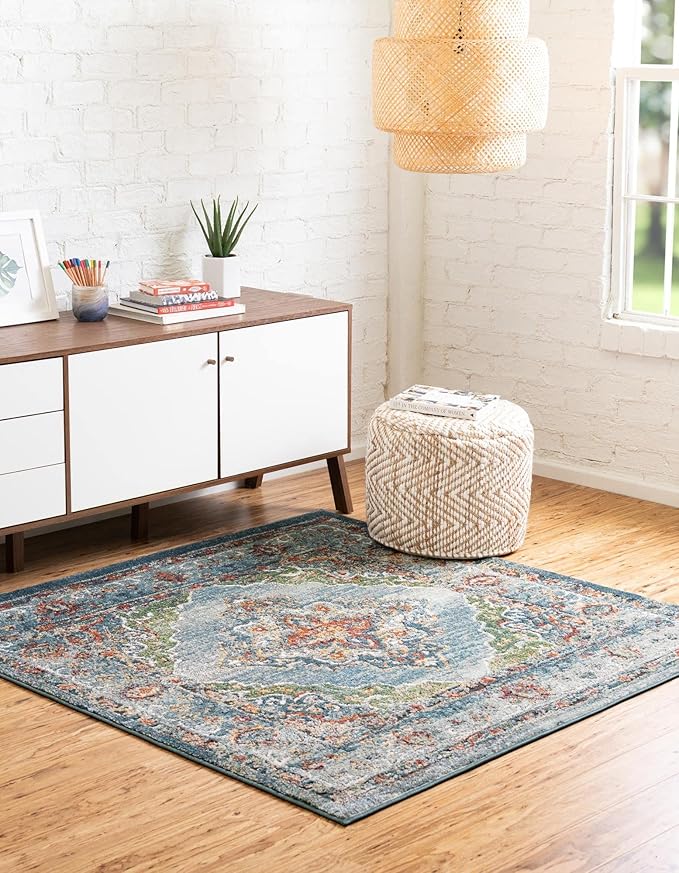 Unique Loom Isabella Collection Area Rug - Rossellini (5' 1" Square, Blue/ Beige)