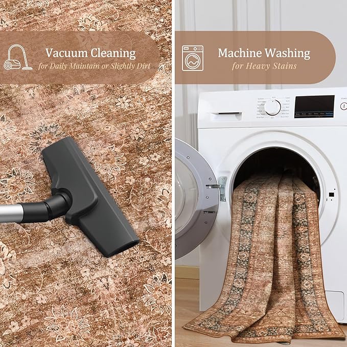 Morebes Washable Runner Rug,Boho Runner Rugs for Hallway 2x6, Non Slip Bathroom Rug, Non Shedding Distressed Floral Kitchen Mat Indoor Entrance Floor Carpet Runner for Dorm, Brown