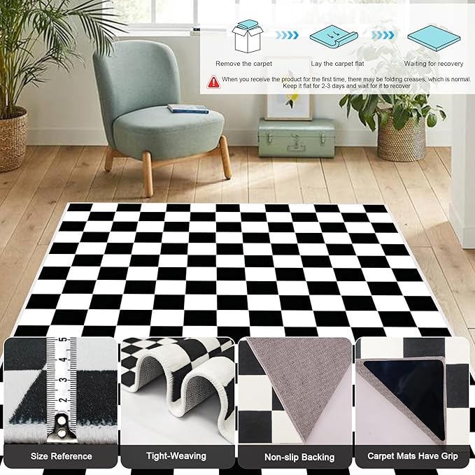 Checkered Rug 2x3 Black and White Rug Modern Entryway Indoor Small Carpet Washable Checkered Bathroom Mat Low-Pile Non-Slip Floor Carpet for Bedroom Kitchen Entryway (Black and White, 2x3ft)
