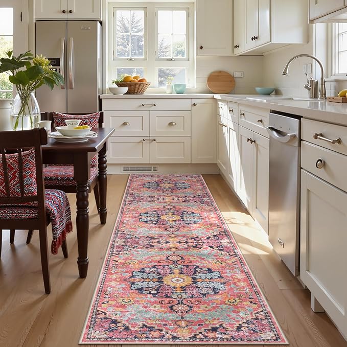 Lahome Boho 2'8"x10' Washable Hallway Kitchen Runner Rugs with Rubber Backing, Bohemian Non-Slip Soft Kitchen Runners, Non-Shedding Faux Wool Stair Carpet Runner for Hall Bathroom, Fuchsia/Multi
