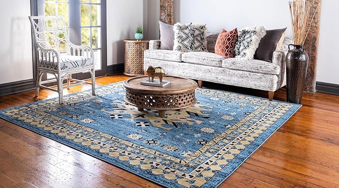 Unique Loom Taftan Collection Border Geometric Tribal Inspired Design Area Rug, 8 ft, Light Blue/Gold
