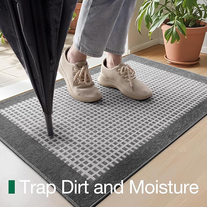LUMI Inside Door Mat for Entry 30''x48'', Absorbent, Dirt Trapper, Low Profile Thin, Non Slip Mats with Rubber Backing, Ideal for Indoor, High Traffic, Garage, Entrance, Checkered Grey