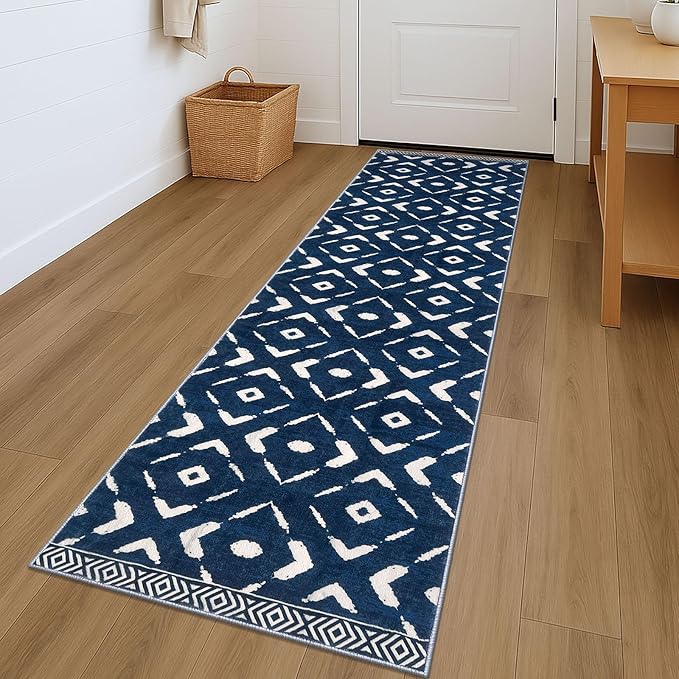 KILOCOCO Hallway Runner Rug 2'x7' Runners for Hallways Soft Washable Runner Rugs Non Slip Printed Low-Pile Runners for Bedroom Kitchen Living Room Laundry Room Boho Rugs, Blue