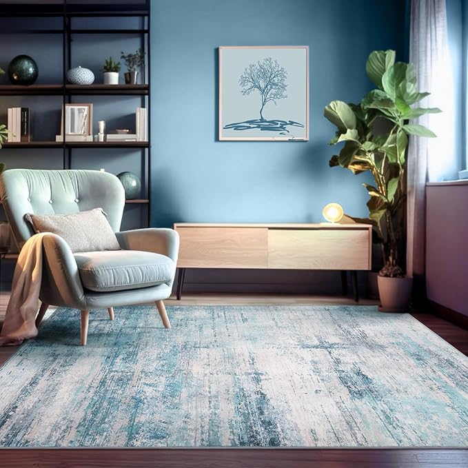 Abstract 10x14 Area Rug Washable Soft Ultra Large Non-Slip Carpet for Living Room Dining Room Home Office Bedroom - Abstract Teal/Grey
